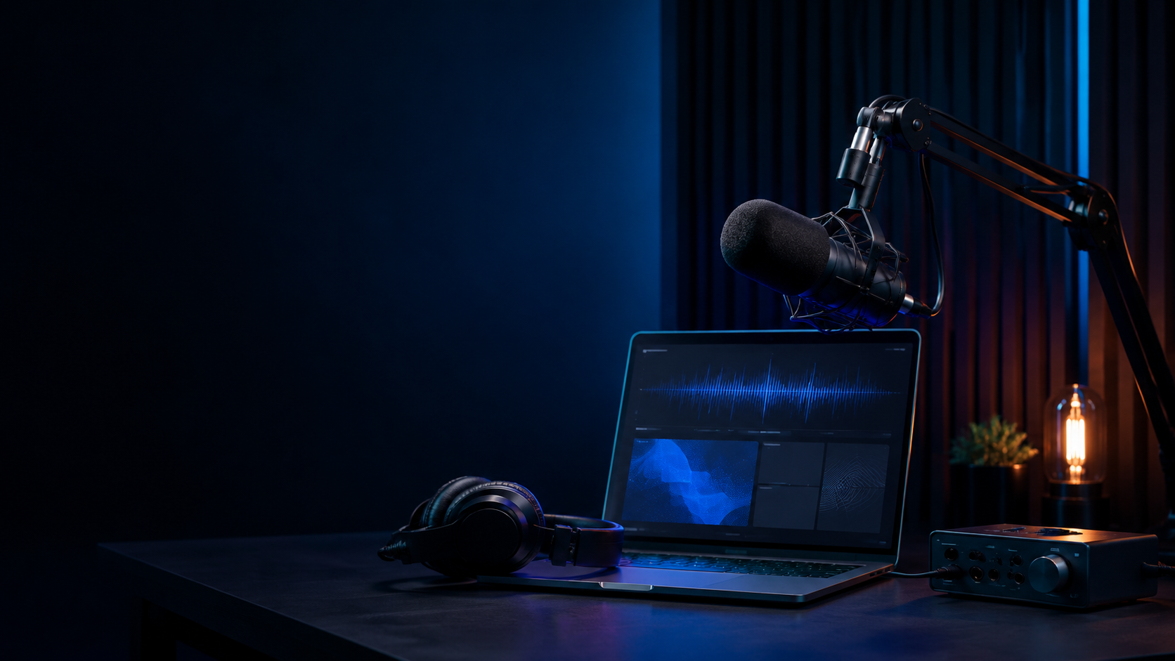 Professional podcast microphone, laptop and studio equipment